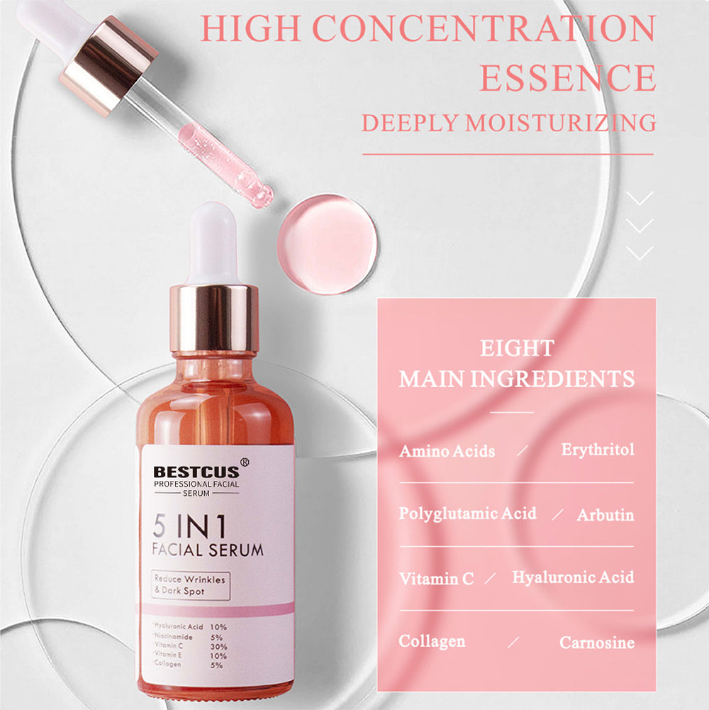 New Skin Care Serum Facial 5 in 1 Whitening Anti Aging Wrinkle Face Serum with 30% Vitamin C 5% Niacinamide 10% Anti Aging Serum