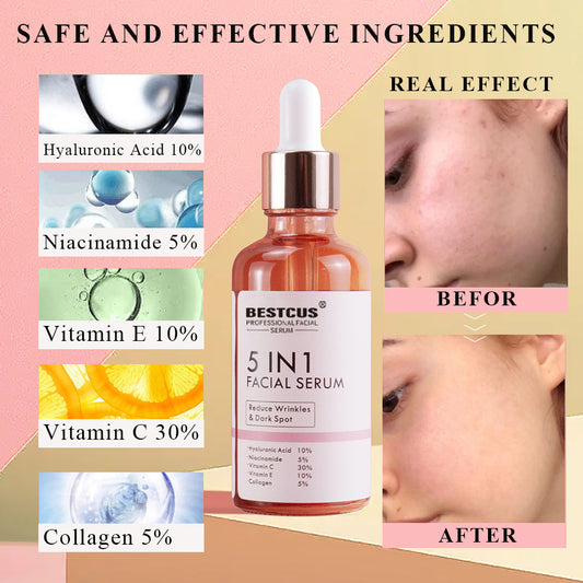 New Skin Care Serum Facial 5 in 1 Whitening Anti Aging Wrinkle Face Serum with 30% Vitamin C 5% Niacinamide 10% Anti Aging Serum